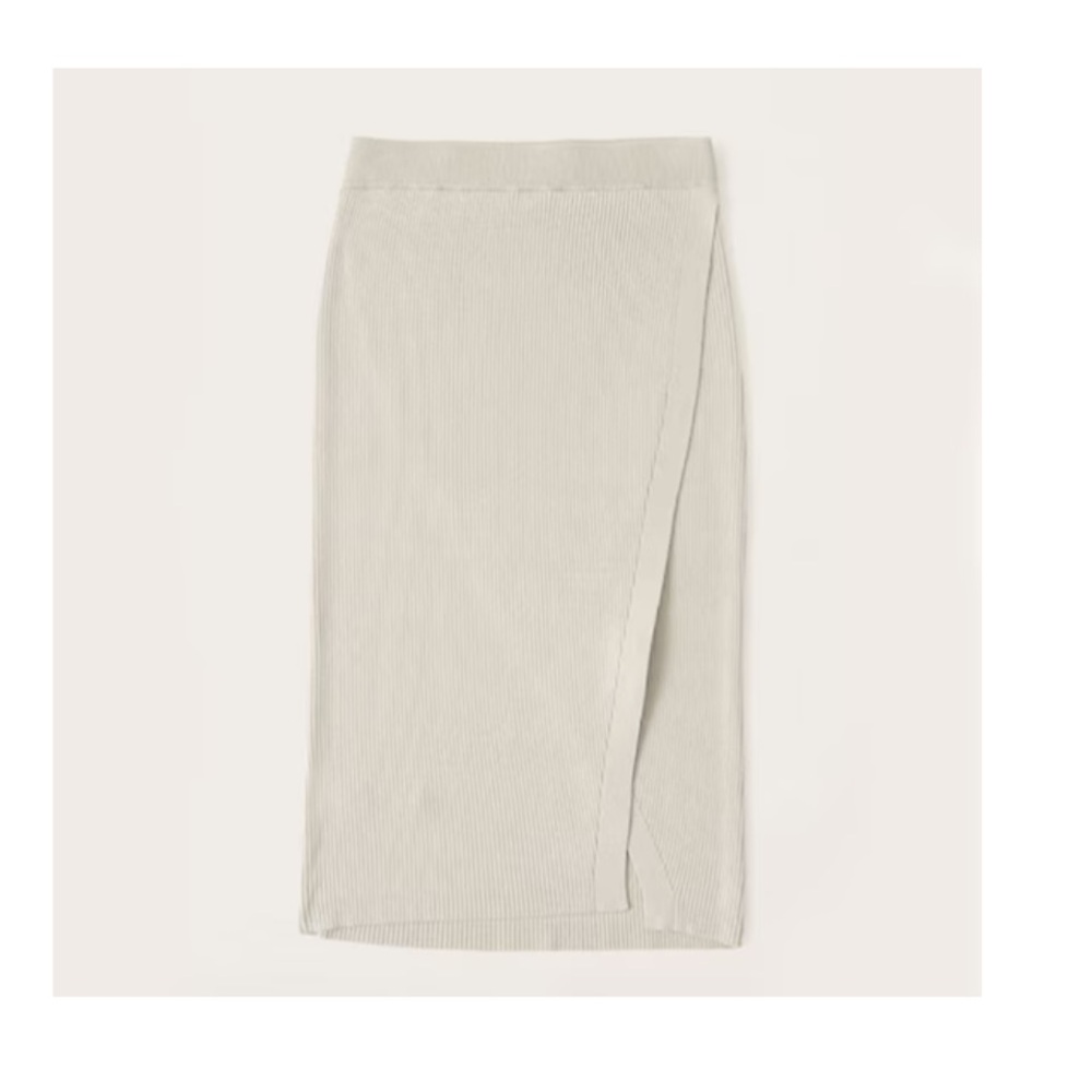 Abercrombie & Fitch Cream Ribbed Wrap-Front Midi Skirt